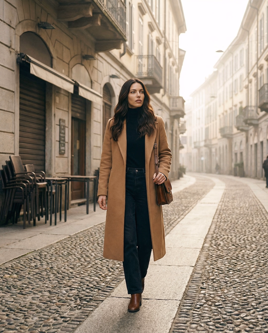 Milán — abrigo camel en paseo invernal